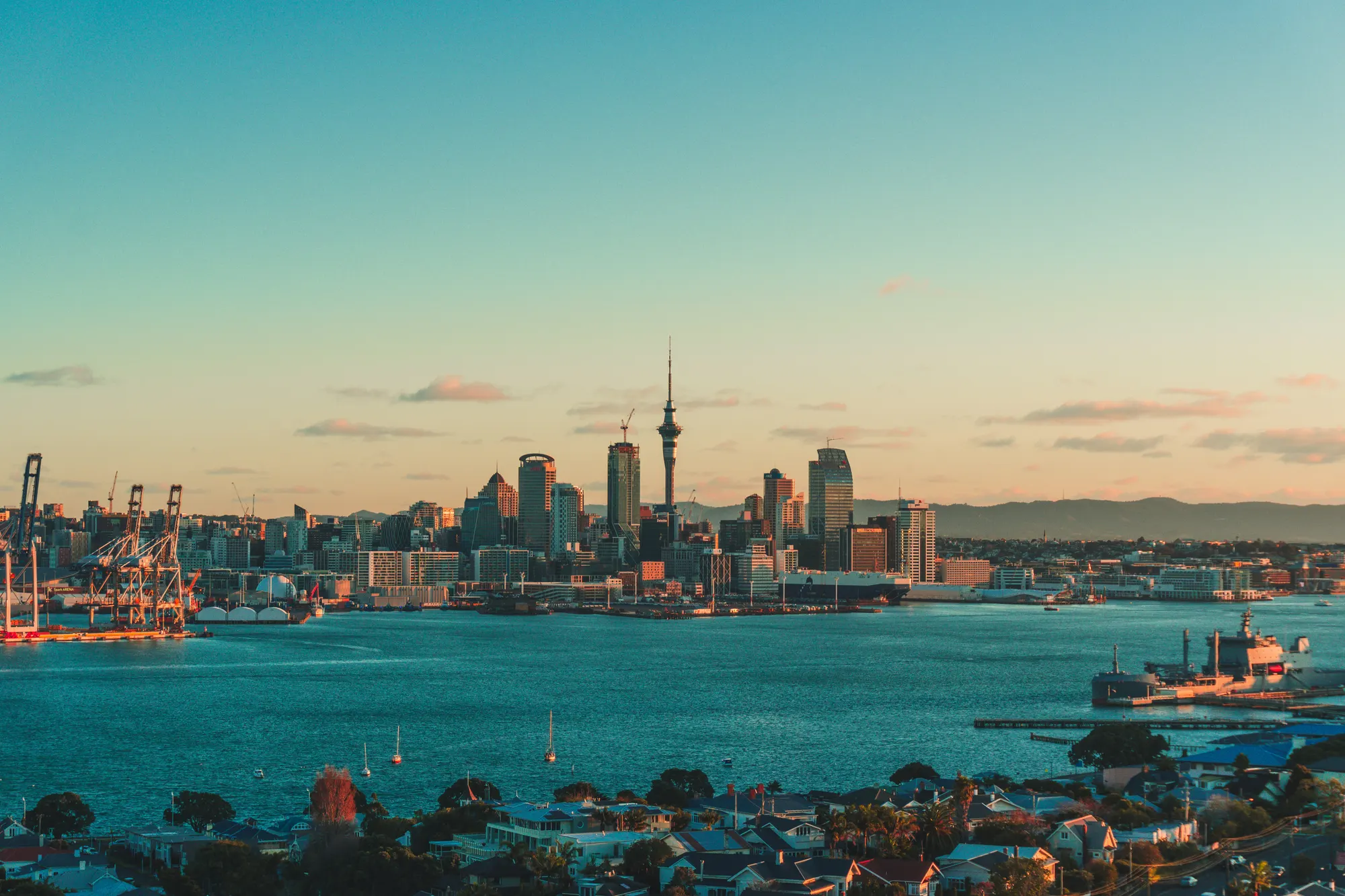 Auckland skyline and harbour at dusk